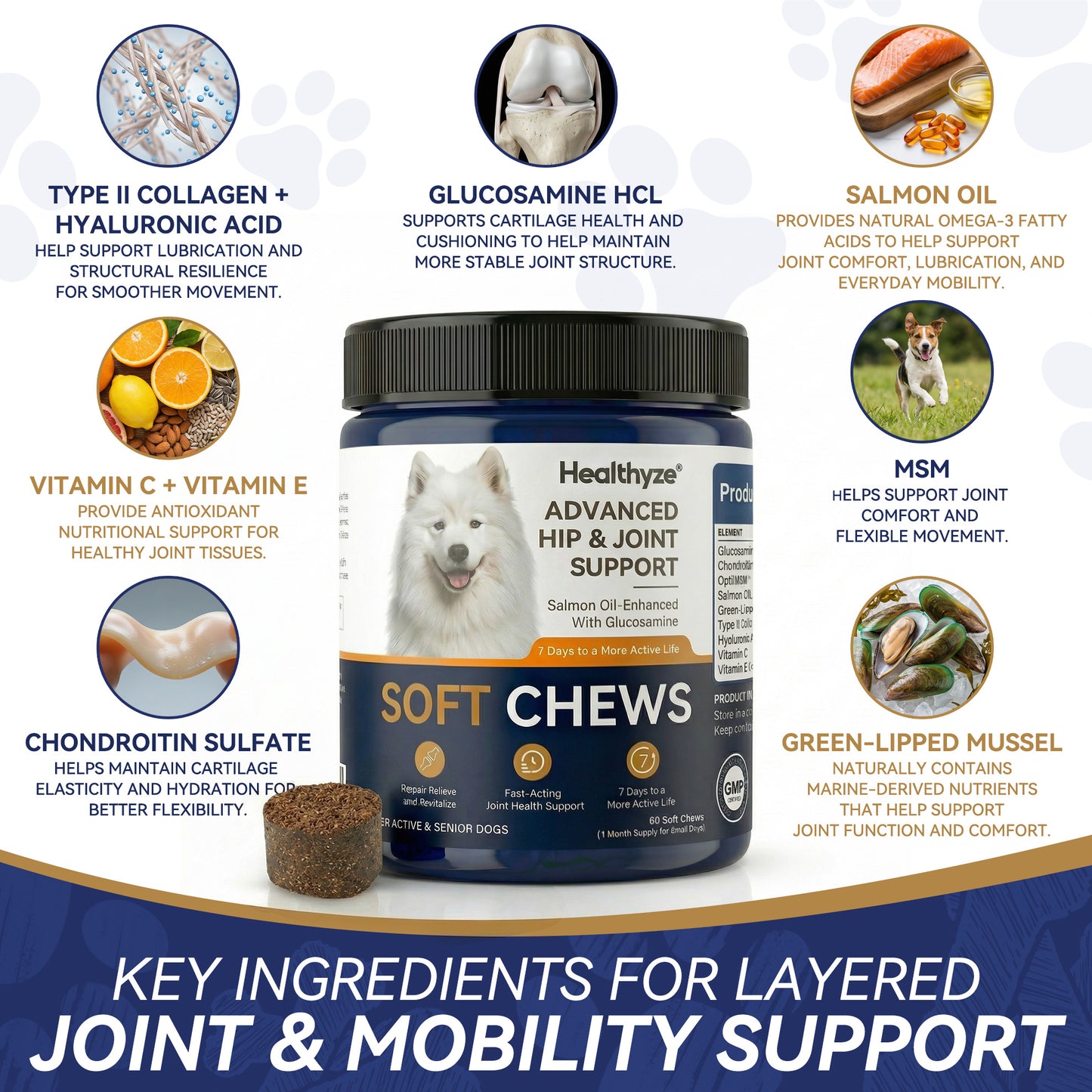 Advanced Hip & Joint Support Soft Chews, Make Their Favorite Walk Feel Easy Again.